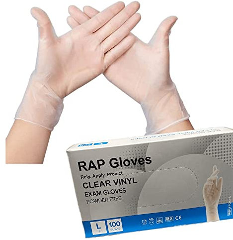 RAP Gloves Clear Vinyl Disposable Examination Gloves Latex-Free Powder-Free Examination Gloves for Medical Industrial Protein Free Food Household and Multi Use (L - Pack of 100)