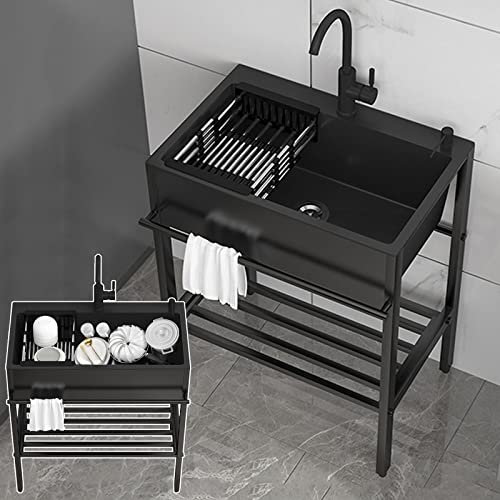 WORDFUN Évier De Restaurant Commercial Noir, Évier INOX Autoportant, Évier De Cuisine sur Pieds, Plan De Travail INOX Evier, Cuisine Exterieure Barbecue avec Evier, Meuble Evier