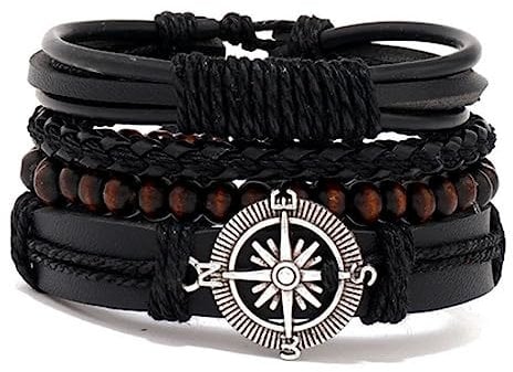 Bungsa Leder-Armband Breit Braun/Schwarz Kompass Unisex