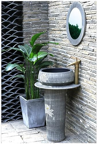 ZTGL Lavabo sur Colonne Peinte à la Main Lavabo Colonne Rétro, Salle de Bain Vasque Lavabo Colonne De Salle De Bain Arts pour Cafe Clubhouse Bar, avec Robinet et Kit de Vidange,with Mirror