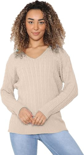 STAR FASHION Ladies Long Sleeve All Over Cable Soft Knitted Jumper Womens V Neck Winter Wear Jumper Sweater Casual Top UK Size Stone 12 to 14