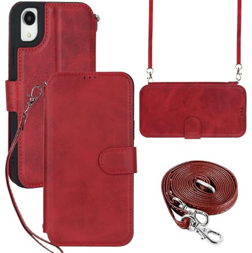 ELTEKER for iPhone XR Phone Case with Shoulder Strap Crossbody Lanyard, PU Leather Flip Cover Wallet Case with Card Holder for iPhone XR (6.1 Inch)- Red