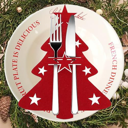 Trrrioosy Besteckhalter Weihnachten Filz 12 Stück Weihnachten Tischdeko Weihnachts Messer Gabeln Löffel Geschirr Besteck Taschen (Weihnachtsbaum Rot)