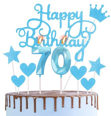 HONGCI Happy 70th Birthday Cake Topper & Birthday Candles Blue Number 70 Candles for Birthday Cake - 70th Birthday Candles Cake Cupcake Topper Birthday Cake Decorations for Men Birthday Blue