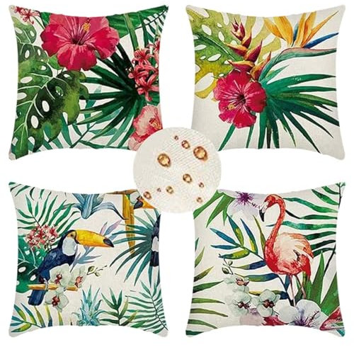 Outdoor Wetterfest Kissenbezug 60x60 cm 4er Set Grün Kissenbezüge Flamingo Outdoor Kissen Wasserdicht Leinen Sofakissen Dekokissen für Garten Couch Terrasse Bank Stuhl Outdoor Heimdekoration Geschenke