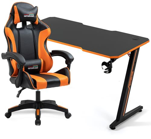 Amstrad Pack Bureau DESK120Z-ORANGE & Fauteuil AMS-800-ORANGE - Finition Orange - Largeur 1m20 - Style Carbone