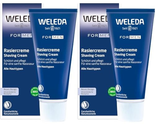 WELEDA Bio FOR MEN Rasiercreme, Naturkosmetik Rasierschaum für die Pflege und den Schutz der Haut bei Nassrasuren, sanfter Schaum für eine schonende Rasur für Männer (1 x 75 ml) (Packung mit 2)