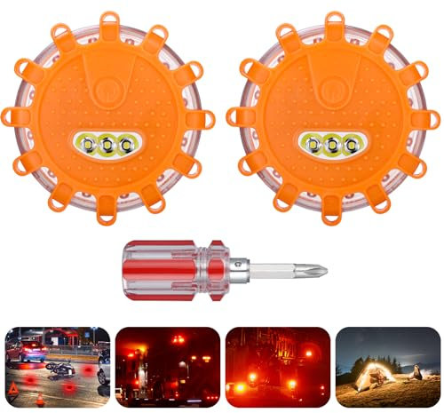 JIZZU Safety Warning Lights, 2Pcs Led Warning Lights With Screwdriver 9 Flash Modes Flashing Warning Roadside Flare with Magnetic Base Hook, Waterproof for Road Accidents, Breakdowns, Trucks