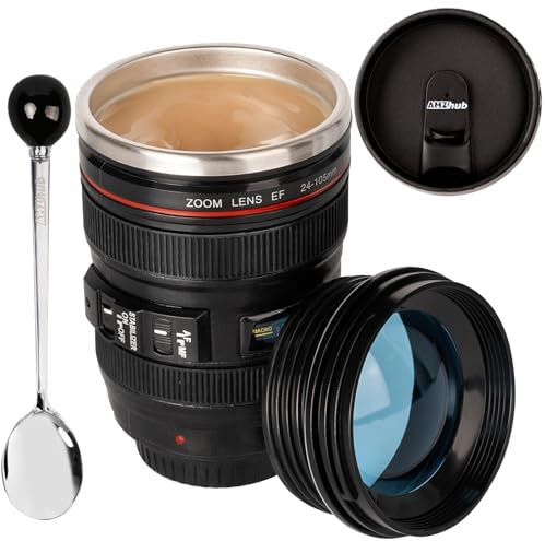 AMZHUB Camera Lens Coffee Mug,Travel Coffee Cup,Stainless Steel Lens Mug Thermos Camera Lens Mug with Lid and Spoon,Cool Gifts for Photographers Men and Women