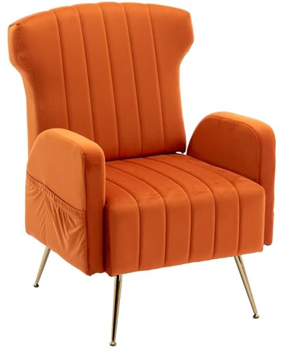 AUKWIK Loungesessel mit Samtbezug mit Metal Beine und Tasche, Polstersessel Wohnzimmerstuhl mit Rückenlehne,Relaxsessel bis 136 kg Belastbar für Wohnzimmer, Orange