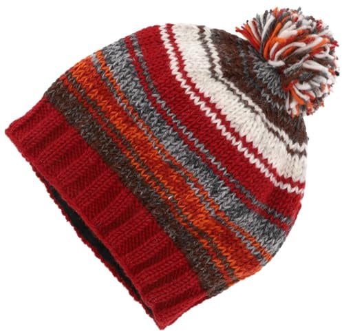 GURU SHOP Handgestrickte Wollmütze, gestreift, sehr warm und kuschelig, rot | Unisex, aus Schafwolle mit Fleecefutter, schützt vor Kälte, komfortable Passform für Kopfumfang 56-60 cm