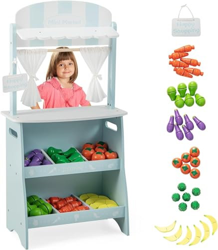 DREAMADE Kaufladen, Kaufmansladen Holz mit 36 Zubehör, Bauernmarktstand mit Vordach, Werbeschild & Lagerregalen, Verkaufsstand Spielzeug Set für Kinder ab 3 Jahren (Blau)