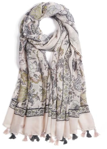 QIUTIMIY Écharpe pour femme légère et douce à imprimé floral léopard - Châle tendance automne-hiver avec franges(Fleur-rose-gris)