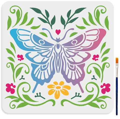 MAYJOYDIY Schmetterlings Pflanzen Schablonen 30 × 30cm Groß Schmetterling Blume Gras Schablone Mit Pinsel Frühlingsblume Schmetterlinge Vorlage Zum Basteln Holz Wand Stoff Papier Möbel