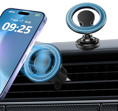 Soporte Móvil Coche,360° Soporte Magnetico Movil Coche,Salpicadero con Ventilación de Doble Uso Soporte Movil Coche Magnetico con 2 Anillos de Metal para iPhone 15 14 13 12 Pro MAX Samsung Smartphone