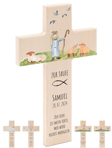 Bärenfreunde - Personalisiertes Taufkreuz mit hochwertigem Spezial-Druck aus massivem Buchenholz - Taufe Geschenk - Holzkreuz Taufe (Hirte Schafe)