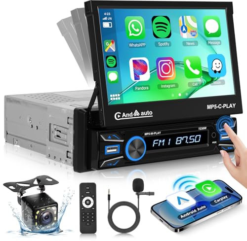 Hodozzy Wireless Carplay Android Auto Autoradio 1 Din mit 7 Zoll Automatisch Ausfahrbarem Bildschirm Autoradio Bluetooth, Touchcreen mit Mirror Link/FM/USB/AUX/SD/Mikrofon+Rückfahrkamera