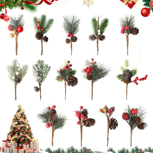 KAMEUN 14 Stück Künstliche Weihnachtsbeeren und Tannenzweige 20CM Groß Deko Zweige mit Roten Beeren Tannenzapfen Stechpalmenstiele| DIY Basteln Winterferien Blumenstiele für Weihnachtskränze