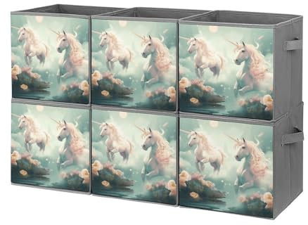 YJWANDL Foldable Storage Bins, Unicorns Print Organizer Boxes with Sturdy Handles, Collapsible Storage Containers for Closet, Shelves, Bedroom