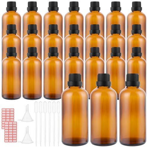 SHUESS 24 Stück 50ml Tropfflasche, Leere Braunglasflasche, Tropfflasche aus Glas Apothekerflasche Set inkl, Tropfer Trichter und Etikett (Braun, 50ml)