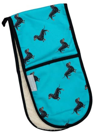 Sausage Dog Double Oven Glove, 100% Cotton, Terry Towelling Inner, 18 x 84 cm, Sausage Dog Print in teal