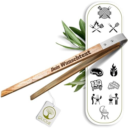 Grillzange personalisiert, Olivenholz - Hochwertige Grill Zange mit Gravur als individuelles Geschenk für Grillliebhaber (42 cm)