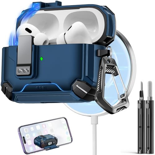 Inesore Kompatibel mit AirPods Pro 2. / 1. Generation, Schutzhülle mit Handy-Ständer und Reinigungsset, kompatibel mit Magsafe, magnetische, automatische Verriegelung für iPod Pro Ladehülle