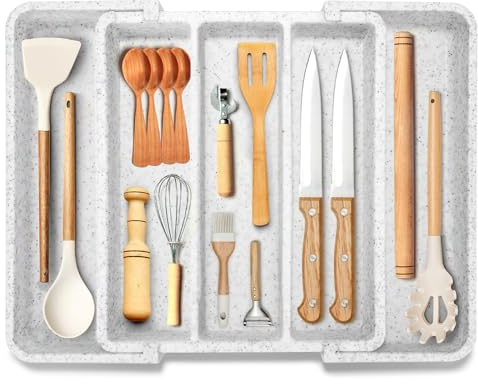 ICHROSAYA Expandable Large Silverware Organizer, Utensil Drawer Organizer for Kitchen Cutlery, Marble Design， Adjustable Cooking Utensil Tray, Plastic Spatula Tools and Gadgets Storage Divider, White