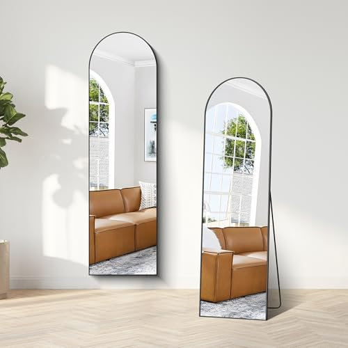 Weare Home Miroir pleine longueur arqué, 150 x 40 cm, sur pied bombé, cadre en métal noir, longueur du sol, debout, mural, incliné, miroir de sol pour chambre à coucher, salon