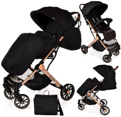 Baby Pushchair, Lightweight Stroller, Compact Travel Buggy, One Hand Foldable, Five-Point Harness, Foot Cover, Mommy Bag, Rain Cover, All Year Round (Black - Rose Gold Frame)