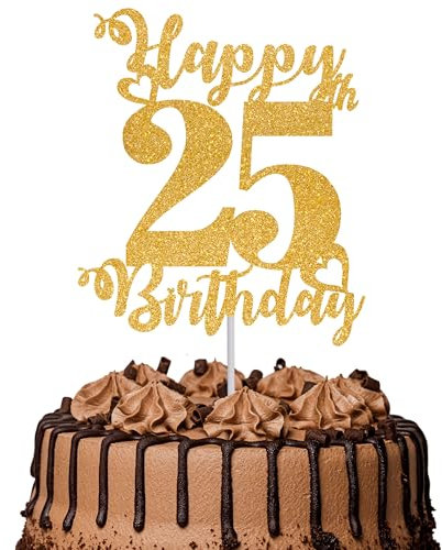 1Pc Happy 25th Birthday Cake Topper Glitter Cheers to 25 Years Cake Topper 25 Fabulous Cake Decoration for Happy 25th Birthday Party Cake Decorations Supplies Gold