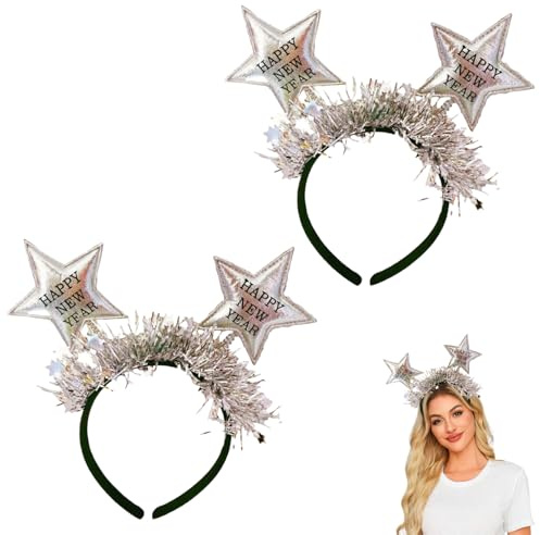 2 Stück Silvester Haarreif,Happy New Year Haarreife,Silvester Deko,Neujahr Party Stirnband,Stern Haarschmuck Foto Requisiten,Glitzer silvester Kopfschmuck Zubehör für Kinder Erwachsene (Silber)