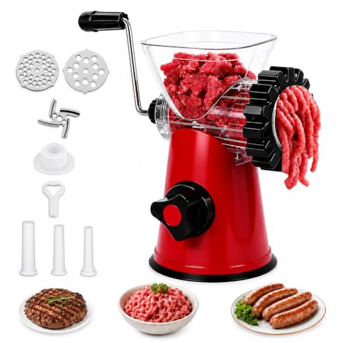 Manual Meat Grinder, 4 in 1 Meat Mincer Machine & Sausage Stuffer with Powerful Suction Base, Fast Cutting & Easy Cleaning, Multifunctional Meat Grinders for Meat, Sausages, Vegetables, Noodles(Red)