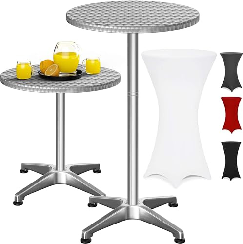 Casaria® 2in1 Stehtisch mit Husse Höhenverstellbar 70 cm / 115 cm Hoch Aluminium Rund Ø60cm Wetterfest Outdoor Garten Bistro Biertisch Bar Party Weiß