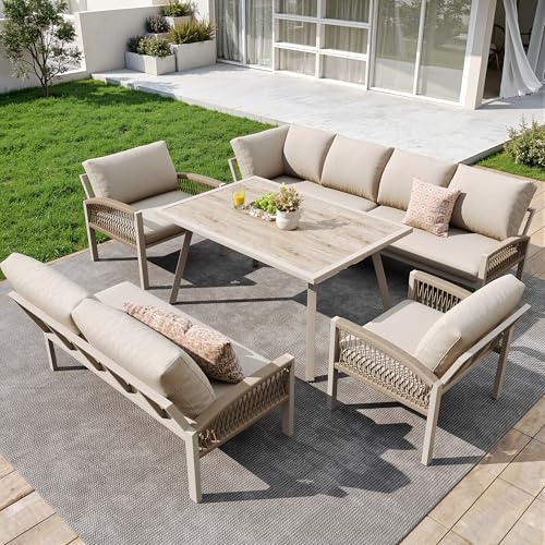 Mrwoo Wetterfestes L-förmiges Gartensofa 8 Personen, Eisengestell mit beigen Kissen, inkl. 1 Holzoptik-Glasplattentisch + 2 handgeflochtene Sessel (Beige)
