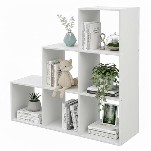 Relaxdays Stufenregal, 6 Fächer, HxBxT: 97,5 x 97,5 x 29 cm, Regal Dachschräge, Bücherregal Wohnzimmer, Raumteiler, weiß
