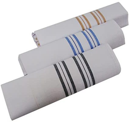 3 Pack of Mens 100% COTTON BOXED Hankies Large White Plain Hankerchiefs (White with Blue Stripe)