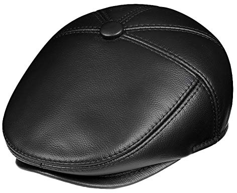SK Studio Herren Leder Flatcap,Rindsleder Ledermütze,Schiebermütze Herbst/Winter,Schwarz,XL 59-60cm