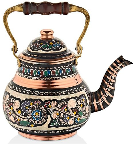 Vintage Copper Turkish TeaPot Tea Kettle Pot for Stovetop Stove Top Infuser Decorative Fancy Arabic Moroccan Party Serving Kitchen Antique Handmade Women Floral Unique Style Gooseneck Gift