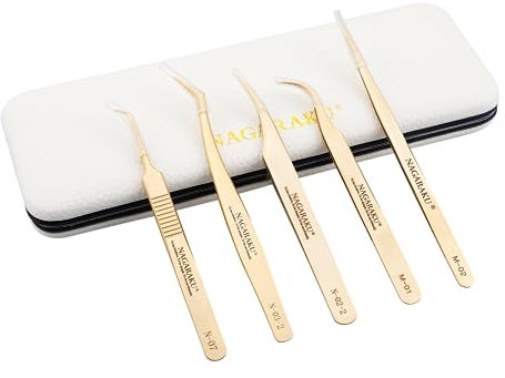 NAGARAKU Pince à Cils Lot de 5 Pinces de Précision Professionnelles Droites Courbées Acier Inoxydable Doré Fermeture Pas D'espace Et Fines Avec Capuchons De Protection Pointus Dans Une Boîte En Cuir
