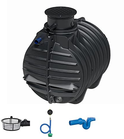 Retentionstank Retentionszisterne rund 4500 Liter Standard mit Flachtankfilter, Schwimmdrossel 1 Zoll und Überlaufsiphon mit Skimmer für die Retention von Regenwasser - Retentionsspeicher Erdtank