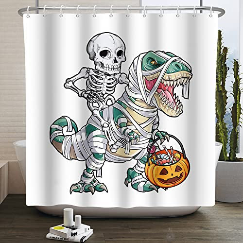 SDOTPMT 122x183cm Cranio Dinosauro Tenda da doccia Scheletro Halloween Gotico Giorno dei morti Tenda da bagno Orrore Zucca Bianco Tenda da doccia Impermeabile per Bagno con ganci