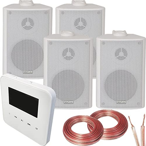 Loops 100W Speaker System - Bluetooth In-Wall Mounted Amplifier - 4x 60W 3 White Wall/Bookshelf Speaker Kit - Wireless Music Streaming Amp