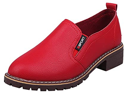 Women's Mary Jane Shoes Low Block Heels Closed Round Toe Office Work Wedding Pumps Women's Leather Loafers Red