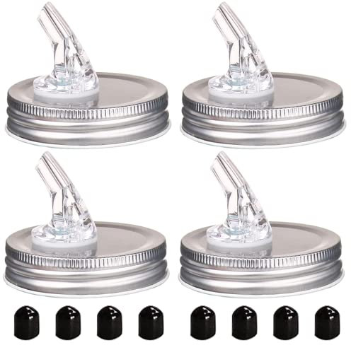 Mason Jar Ausgießer Einmachglas mit freiem Durchfluss, Spender-Keimabdeckung. Geeignet für jede Flüssigkeit. Auslaufsicher, 4er-Pack + 8 schwarze Deckelkappen (silberfarben)