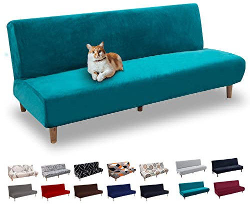 Lydevo Sofabezug ohne Armlehnen 3 Sitzer Sofabettüberzug Stretch Armlehne Sofabettüberzug Sofabezug Armlos Clic Clac Elastisch Couchbezug Futon für Klappcouch ohne Armlehnen,Samt#Grün