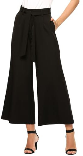 Beyove Weite Hosen Damen Sommer Leicht Freizeithosen Hohe Taille Solide Loose Fit Palazzo Hose 7/8 Elegant Bequem Anzughosen mit Gürtel Schwarz S