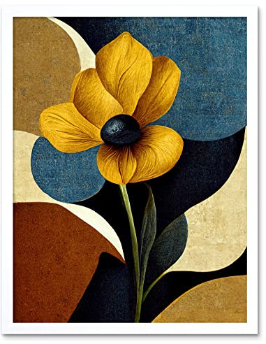 Wee Blue Coo Blue Mustard Ochre Copper Autumnal Abstract Stem Flowers Painting Art Print Framed Poster Wall Decor 12x16 inch