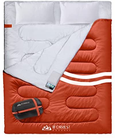 IFORREST Doppelschlafsack für Erwachsene – 2 Personen kaltes Wetter (3-4 Jahreszeiten) Campingbett, extra breit & warm – Queen-Size-Größe XL (Orange/Doppel/XL)
