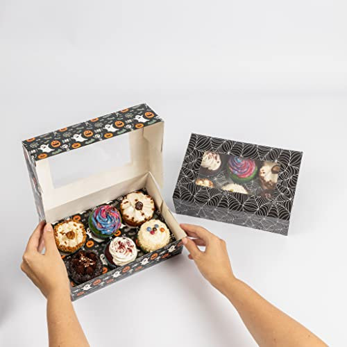 evelay Halloween Cupcake Boxes - Holds 6 Standard Cupcakes - Mixed Spooky Designs with Window & Inserts for Treats, Sweets and Chocolates (Pack of 2)